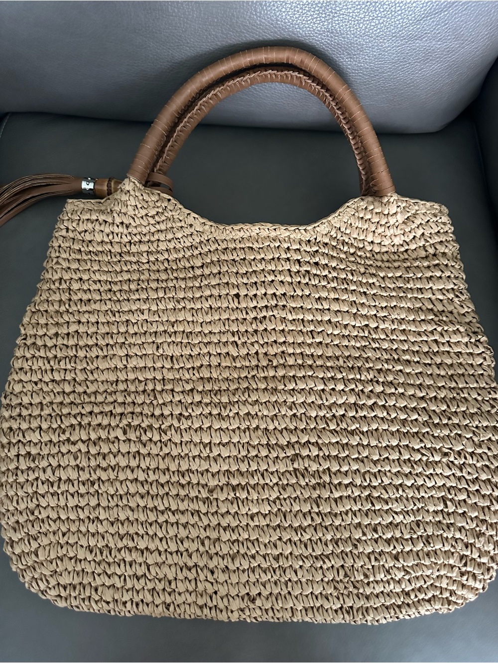 Tommy Bahama Natural Woven Tote with Brown Leather Handles